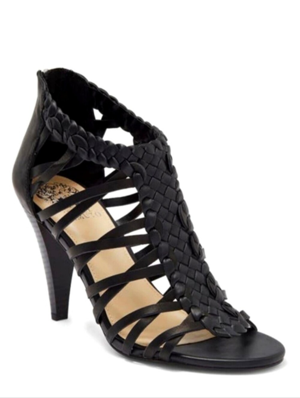 Vince Camuto Alaizah sandals - woven, Black caged design with a cone heel. Sz 13